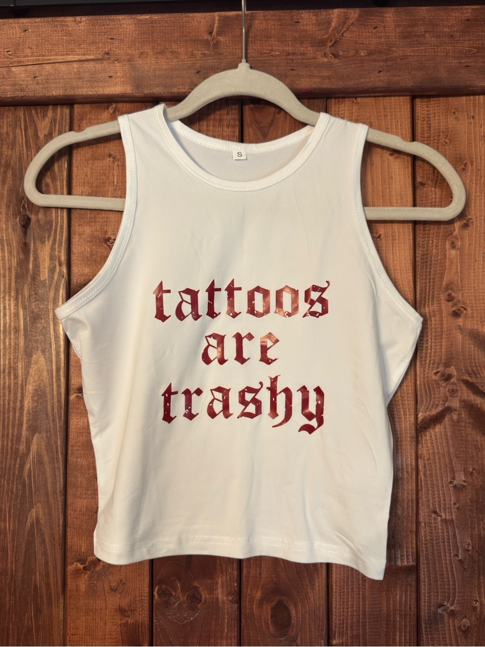 White Graphic Crop Tank Top with Red Script